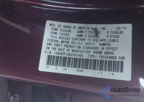 2014 Honda Accord Lx из США, поврежденный, VIN 1HGCR2F39EA301496